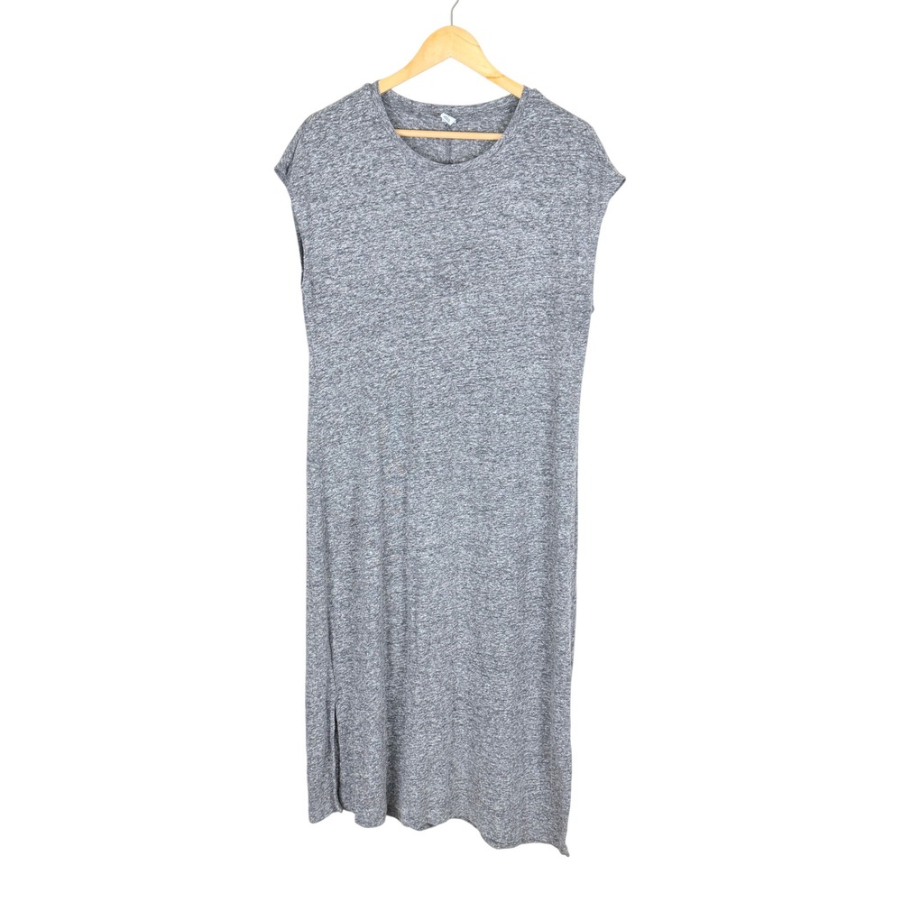 Minimalist Heather Gray Midi T-Shirt Dress L Linen Blend Side Slit Casual Basic